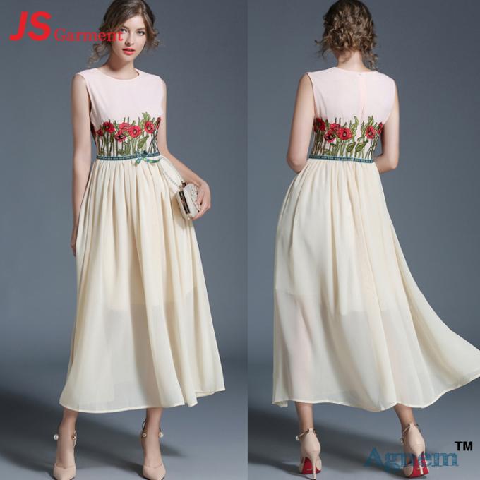 Kundengebundenes Frauen-ärmellose Stickerei-Chiffon- langes Kleid JS 39-51886 Sommer